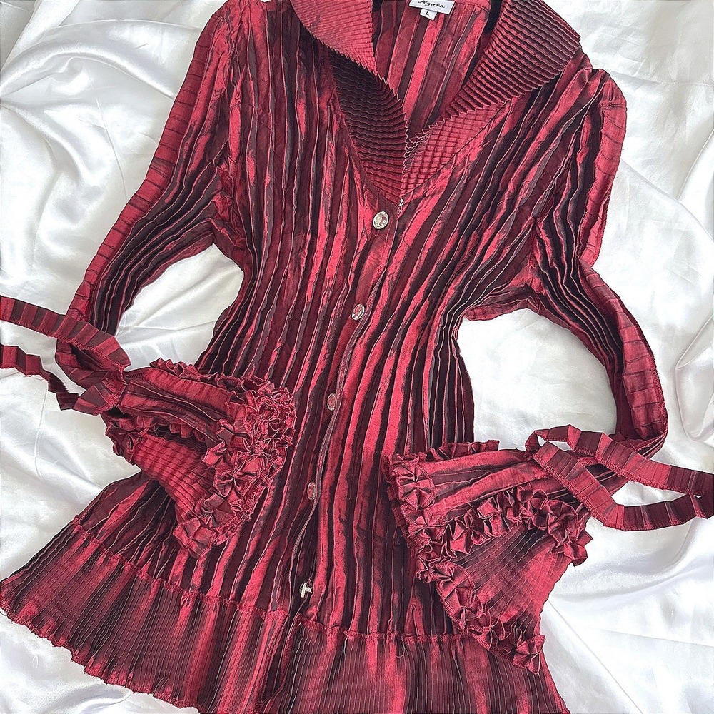 Agora Iridescent Burgundy Pleated Ruffle Bell Sleeve Button Down Top Large